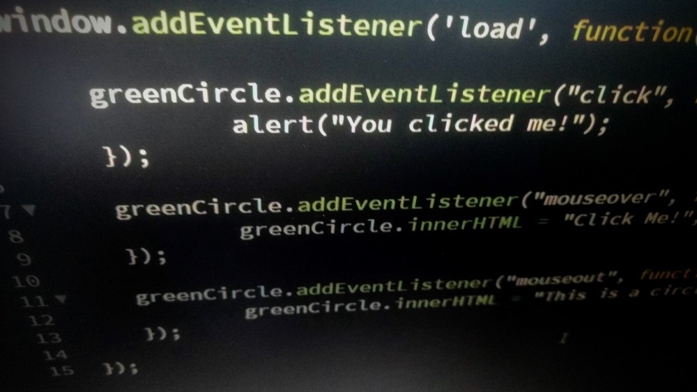 Photo of screen showing some event-driven JavaScript code