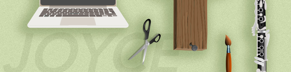Photo of vector art of a macbook, scissors, wooden board, paint brush, and a clarinet on a green background with the word JOYCE in the background.